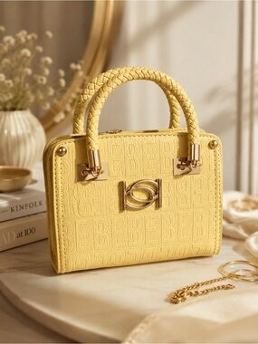 bebe Yellow Textured Satchel with Braided Handles